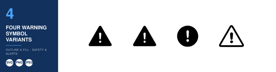 Naklejka premium Warning Symbols in Four Black Variants, Including Outline and Filled Triangle and Circle Shapes for Safety Alerts.