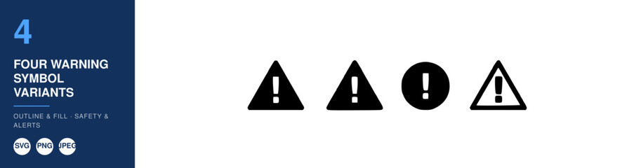 Naklejka premium Warning Symbols, a Collection of Four Distinct Black Vector Icons Representing Alerts and Caution. Featuring Alert, Danger, Sign