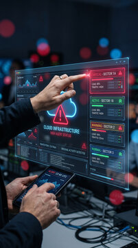 Digital interface displaying cloud infrastructure status with alerts and graphs, symbolizing data monitoring and system management in a high-tech environment