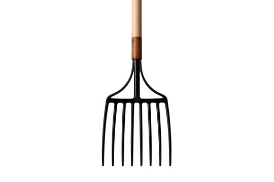 Narrow black hand rake with wooden handle isolated on transparent background