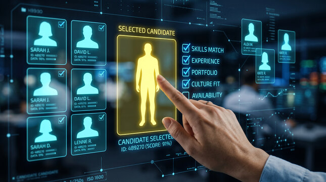 Digital interface displays candidate profiles with data, symbolizing human resources, selection, and analysis for business recruitment