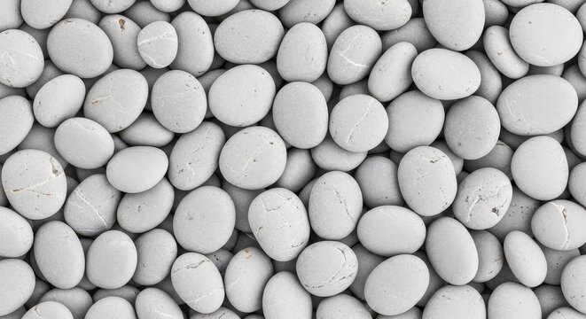 Seamless top down view of smooth white and gray river stones. This repeatable pattern features rounded pebbles in a dense organic layout, rock, river, organic