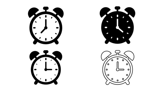 A collection of alarm clock icons in various black and white styles