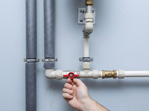 Hand Turning Red Handle Ball Valve on Water Pipe System | Adjusting Water Flow Valve on Insulated Plumbing Pipe | Plumber Operating Red Ball Valve on Wall Mounted Water Pipe