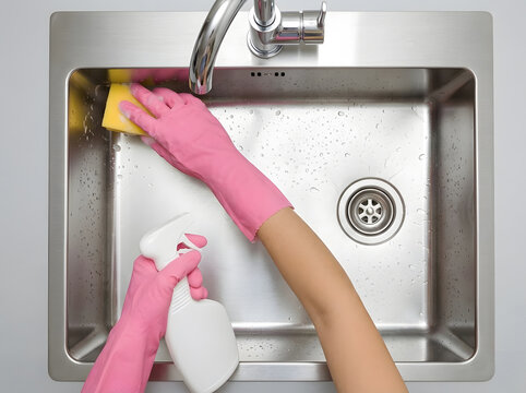 Hands in Pink Gloves Cleaning Stainless Steel Kitchen Sink | Washing Kitchen Sink with Yellow Sponge and Cleaning Spray | Person Scrubbing Metal Sink Basin with Spray Cleaner and Sponge 