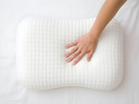Hand Pressing Soft Orthopedic Memory Foam Pillow | Female Hand Testing Softness of White Ergonomic Pillow | Anatomical Memory Foam Pillow with Hand Pressing Soft Surface | Comfort Testing Ergonomic