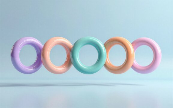 Five colorful rings float gently against a soft, pastel blue background.