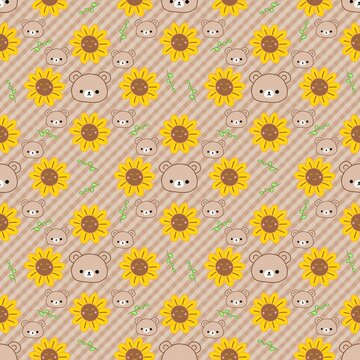 Cute seamless pattern featuring adorable smiling bears and bright sunflowers on a textured background. Perfect for children's fabric, wrapping paper, wallpaper, nursery decor, stationery, and textile 
