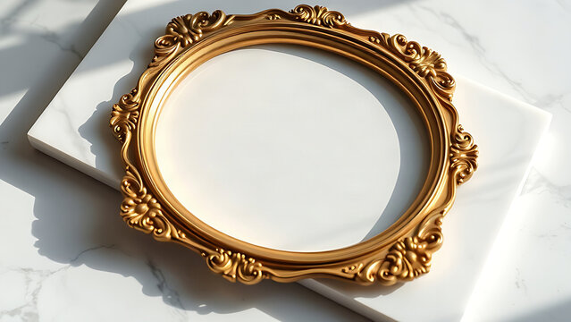 Ornate vintage gold frame on marble slab, luxury home decor concept.