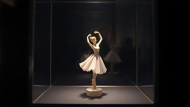 A delicate porcelain ballet dancer figurine in a glass display case.