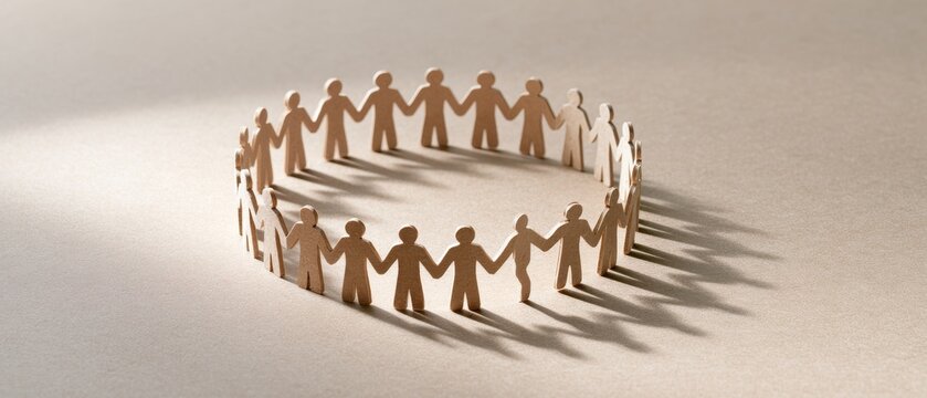 People made from paper hold hands in a circle on a flat surface in a well-lit area, showing unity and connection