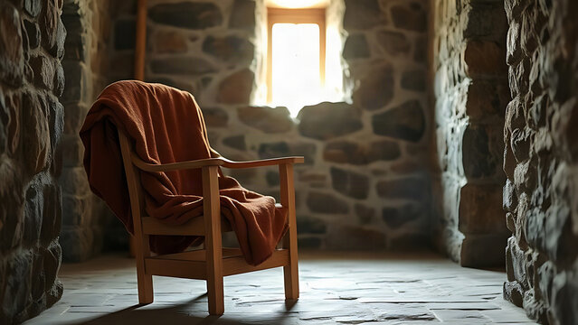 Simple monastery cell with stone walls and a folded russet wool robe.