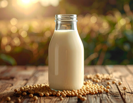 Glass Bottle of Soy Milk Surrounded by Soybeans on Wooden Table.