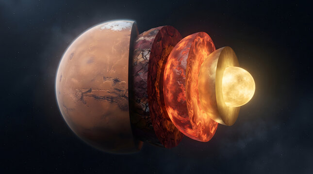 Detailed 3D scientific illustration of the internal structure of Mars. This educational diagram reveals the planet's geological layers from the dusty crust and rocky mantle to the molten outer core...