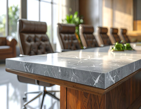 Elegant Conference Room with Marble Table and Leather Chairs.