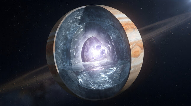 An educational science illustration showing a detailed cross-section of a giant planet in space, revealing its layered internal structure of atmosphere, liquid mantle, and a bright glowing core sur...