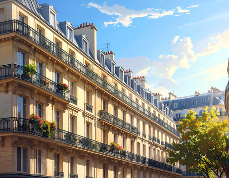 Classic Parisian Apartment Building Facade with Balconies and Blue Sky.