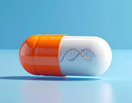 3D Render of a Pharmaceutical Capsule with DNA Helix Symbol.