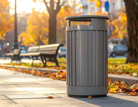 Public Park Trash Can on a Sidewalk in Autumn.