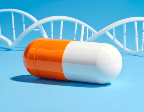 Orange and White Capsule Pill with DNA Helix Background.