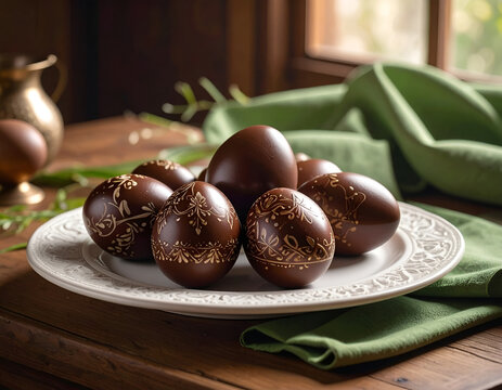 Traditional Chocolate Easter Eggs with Intricate Gold Designs on a Rustic Table.