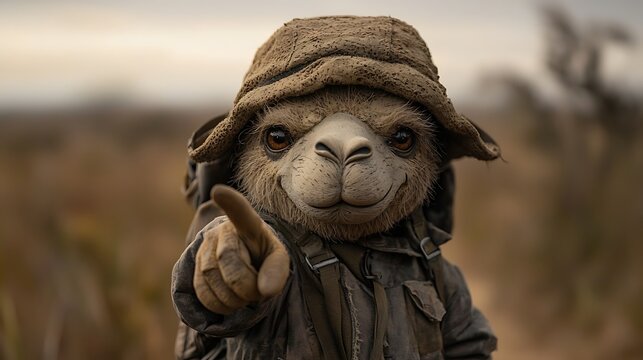 Camel pointing with a hat
