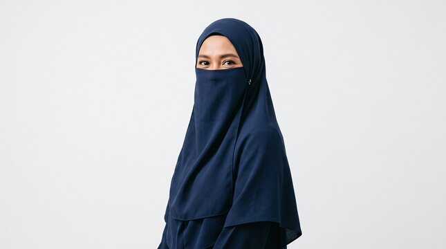 Portrait of Muslim woman wearing navy-blue niqab and hijab smiling at camera