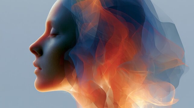 Complex shapes form a face with colorful flames in a digital creation with smooth designs and bright colors