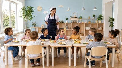 Obraz premium Preschool Cafeteria Lunch with Children and Staff