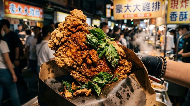 Crispy fried chicken cutlet with fresh green herbs at street food stall