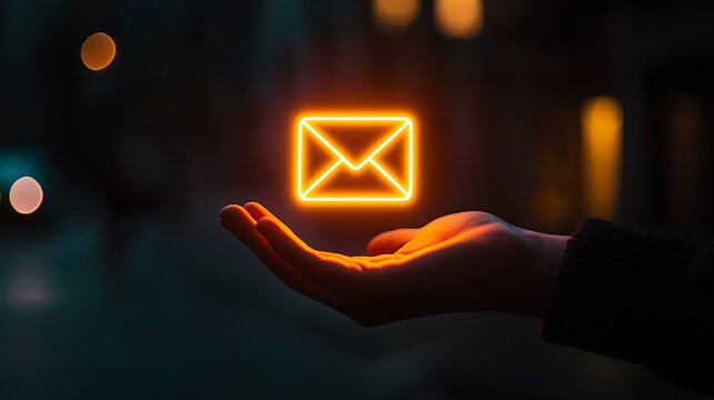 Hand holding glowing email icon