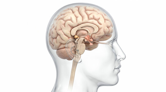 Detailed sagittal view of the human brain showing internal structures and major lobes in a translucent head profile illustration