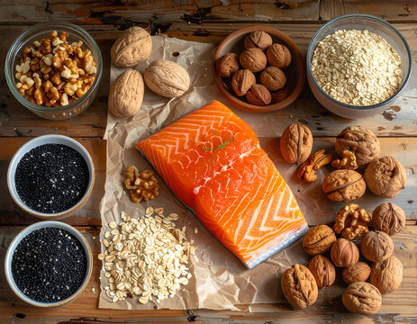 Healthy Omega-3 Rich Foods - Salmon, Nuts, and Berries.