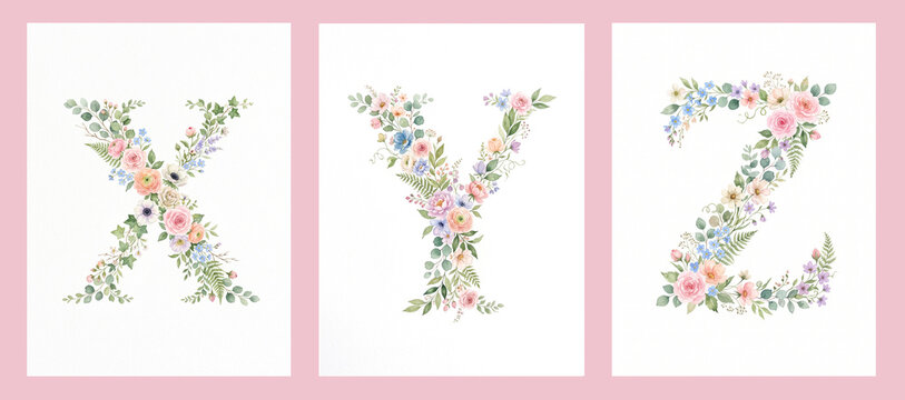 Watercolor Floral Alphabet Letters X Y Z Botanical poster for kids