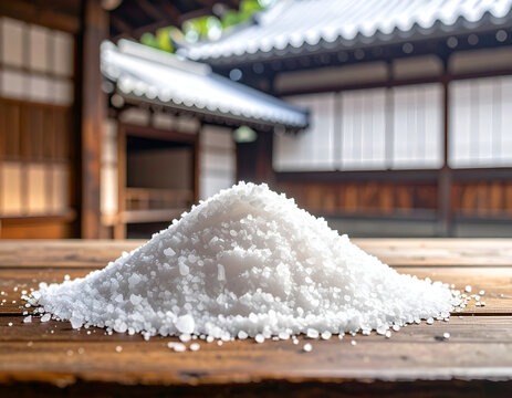 Pile of White Granulated Salt on Wooden Table in Front of Traditional Building.
