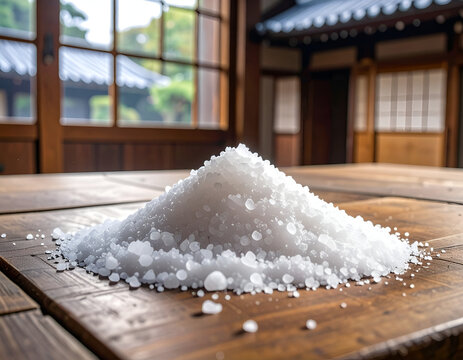 A Pile of White Granules on a Wooden Surface.