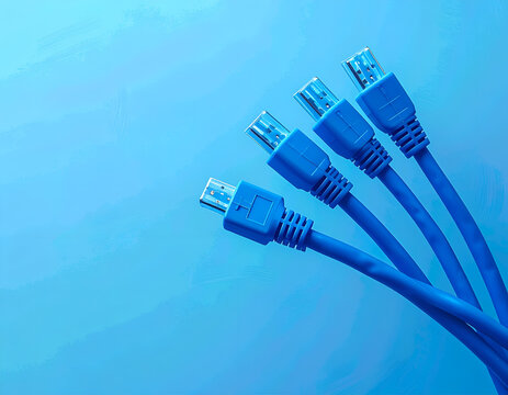Close-up of Blue Ethernet Network Cables Connected Together.