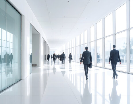 Modern Office Building Hallway with Business People Walking.