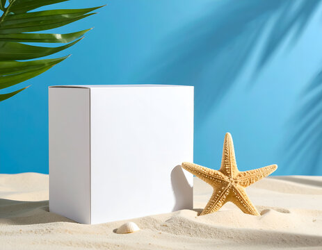 Blank White Cube Display on Sandy Beach with Starfish and Palm Shadows.