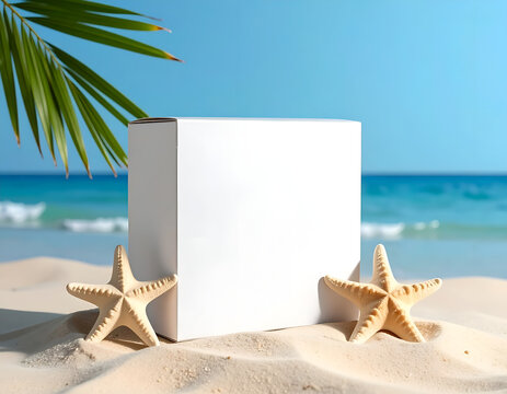 Blank White Box on Sandy Beach with Starfish and Palm Leaf.