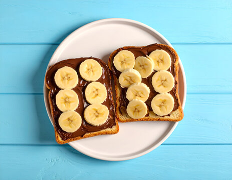 Delicious Banana and Chocolate Spread Toast Slices on a Plate.