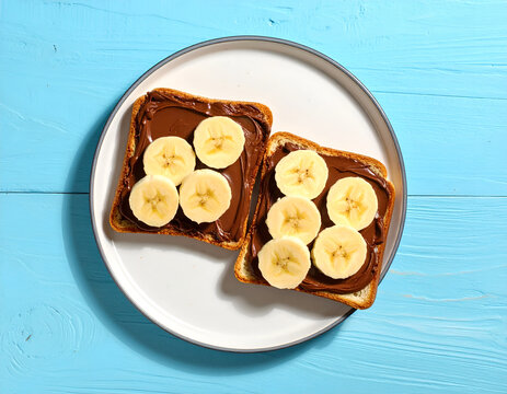 Delicious Chocolate Spread and Banana Slices on Toast.