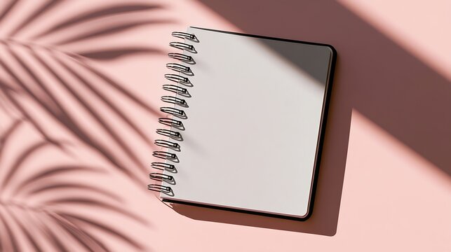 spiral notebook on pink background with palm shadow