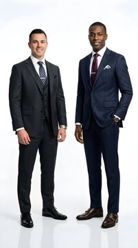 Two businessmen in formal suits standing side by side against a plain white studio background
