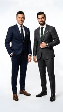 Two men in tailored business suits standing together against a plain white studio background