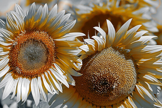 Black and white variation at sunflower in a field.
