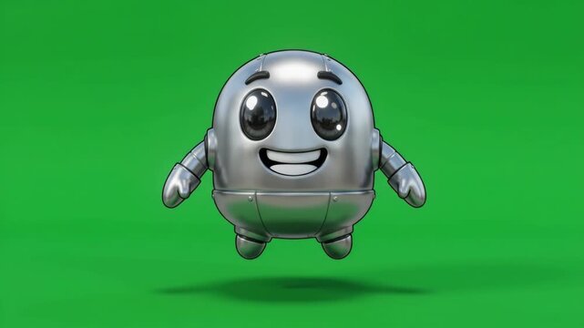 Cute little robot character with a happy face, metallic texture, and big eyes floating on a green screen background.