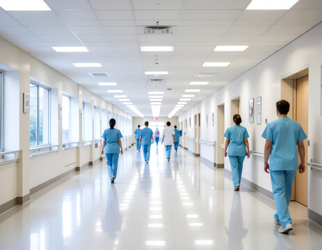 A long, brightly lit hospital hallway shows a group of healthcare professionals in blue scrubs walking purposefully towards an unseen destination.