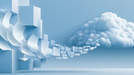 Fototapeta premium Clouds and paper sheets flow in blue space near tall blocks with bright background