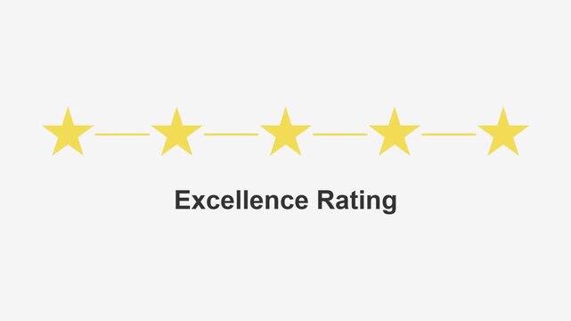 Five Star Excellence Rating Animation with Yellow Stars Filling Up on White Background, Customer Feedback and Review Concept, Quality Evaluation and Satisfaction Score Motion Graphic, Perfect Service
